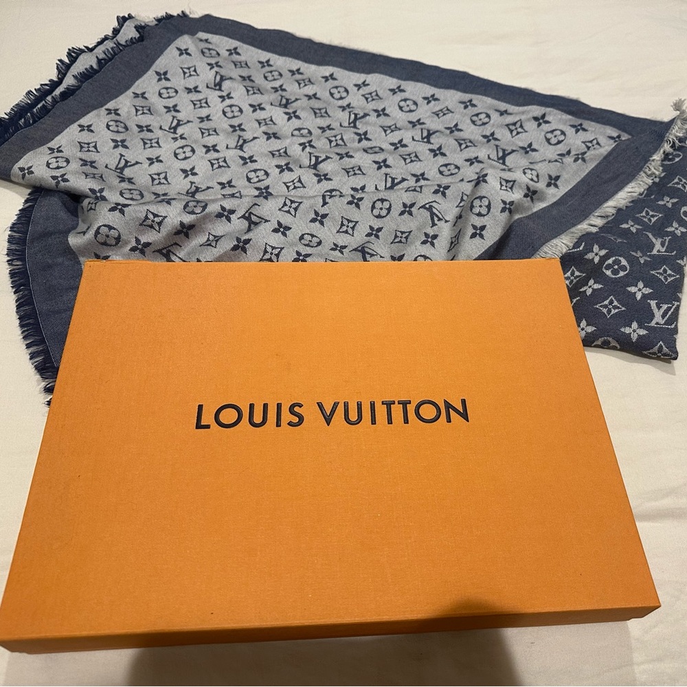 LOUIS VUITTON Monogram Denim Shawl Blue Silk